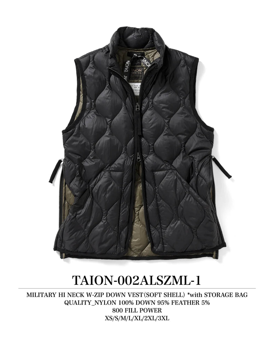〈TAION〉[UNISEX] ミリタリー ハイネックWジップ ダウンベスト-ソフトシェル(TAION-002ALSZML-1)