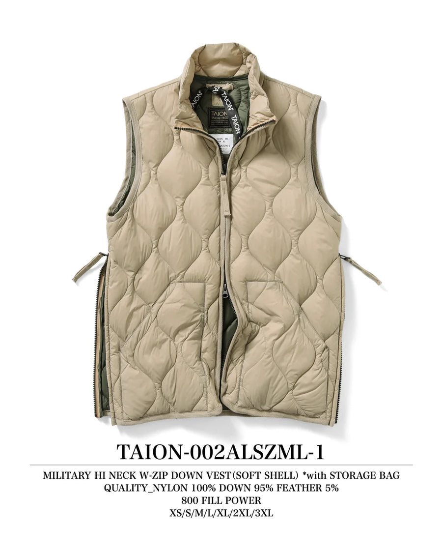 〈TAION〉[UNISEX] ミリタリー ハイネックWジップ ダウンベスト-ソフトシェル(TAION-002ALSZML-1)